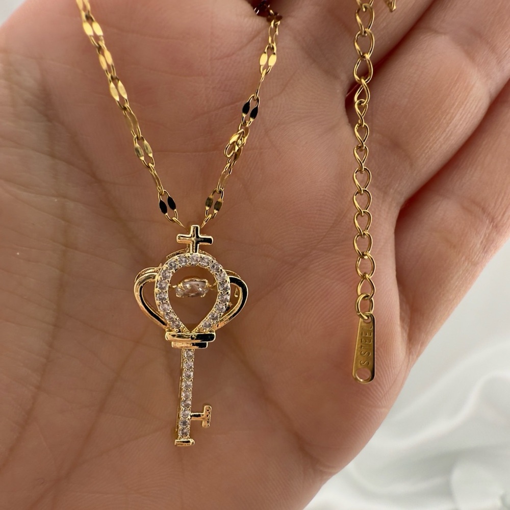 Anthropologie Elegant Gold Key Necklace – Crystal Accent Pendant